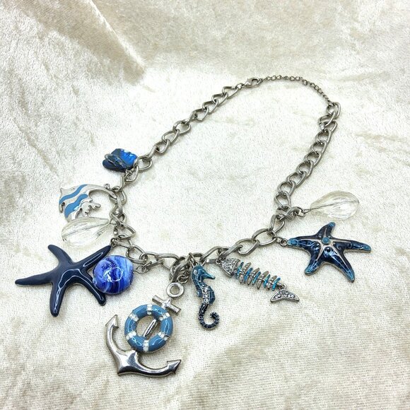 Vintage Silver Tone and Blue Ocean Themed Necklace - Picture 2 of 3